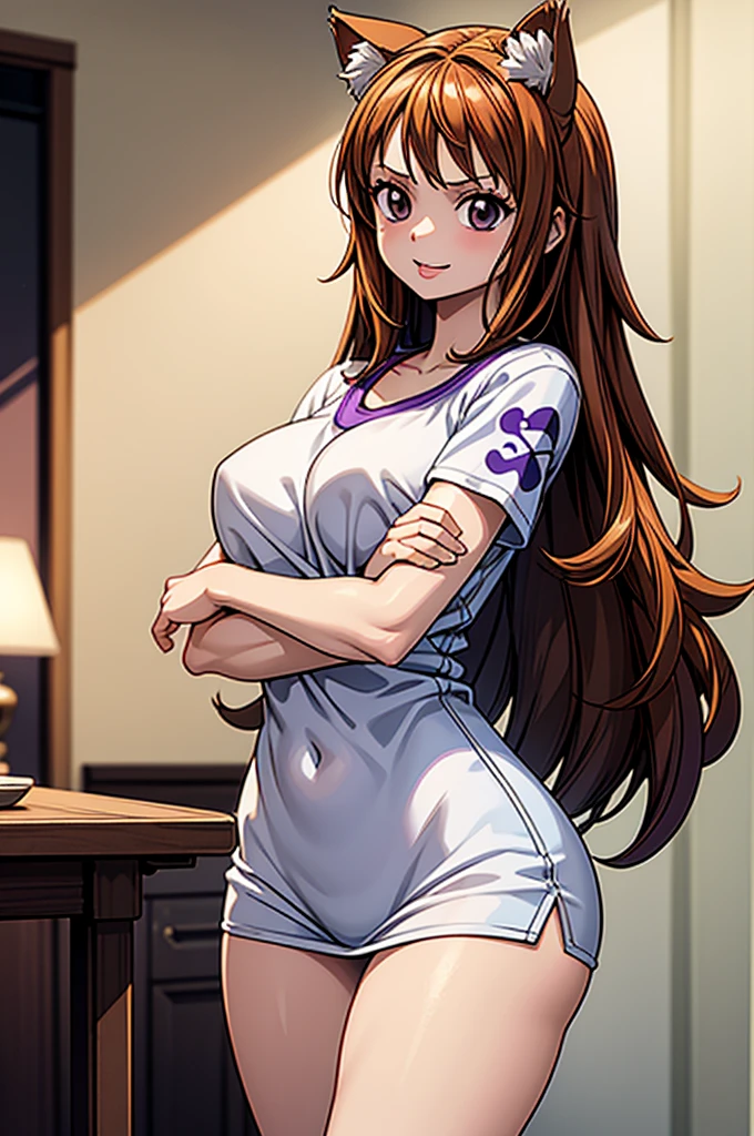 1 female, ONE PIECE STYLE, small kid dog girl, realistic lips oversized white t-shirt going all the way to the thighs, arms crossed propping up breast, hourglass figure, cat ears, in an apartment, sigh, light brown hair, purple eyes, laughing, best quality.