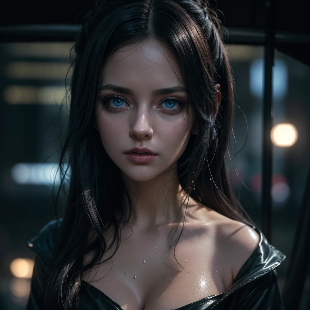 a beautiful girl with stunning blue eyes, glowing with magic, gothic makeup, large breasts, open clothing, white blouse, black miniskirt, rain, wet clothes, street, night, (best quality,4k,8k,highres,masterpiece:1.2),ultra-detailed,(realistic,photorealistic,photo-realistic:1.37),HDR,UHD,studio lighting,ultra-fine painting,sharp focus,physically-based rendering,extreme detail description,professional,vivid colors,bokeh,portrait,fantasy,dark,moody