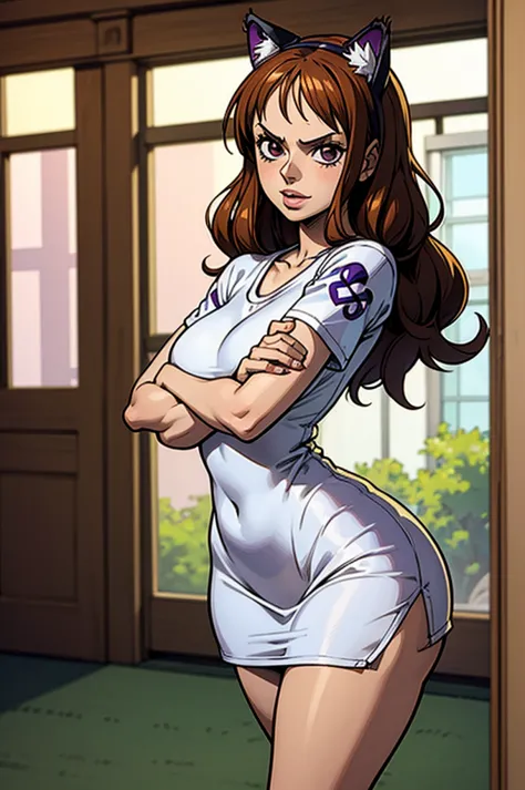 1 female, one piece style, small kid dog girl, realistic lips oversized white t-shirt going all the way to the thighs, arms cros...