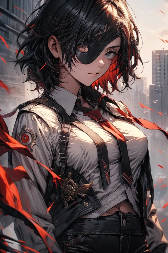 himeno (Tafah, Best quality:1.2), Single, 1girl, Red poetry, black hair, short hair, black eyes, the hands,, Unbuttoned shirt with white collar, on the chest, a lot of, Black pants unbuttoned, Wide hips, Body shaming, fitness, eye patch