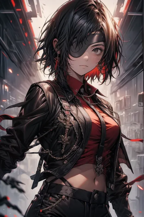 himeno (Tafah, Best quality:1.2), Single, 1girl, Red poetry, black hair, short hair, black eyes, the hands,, Unbuttoned shirt wi...