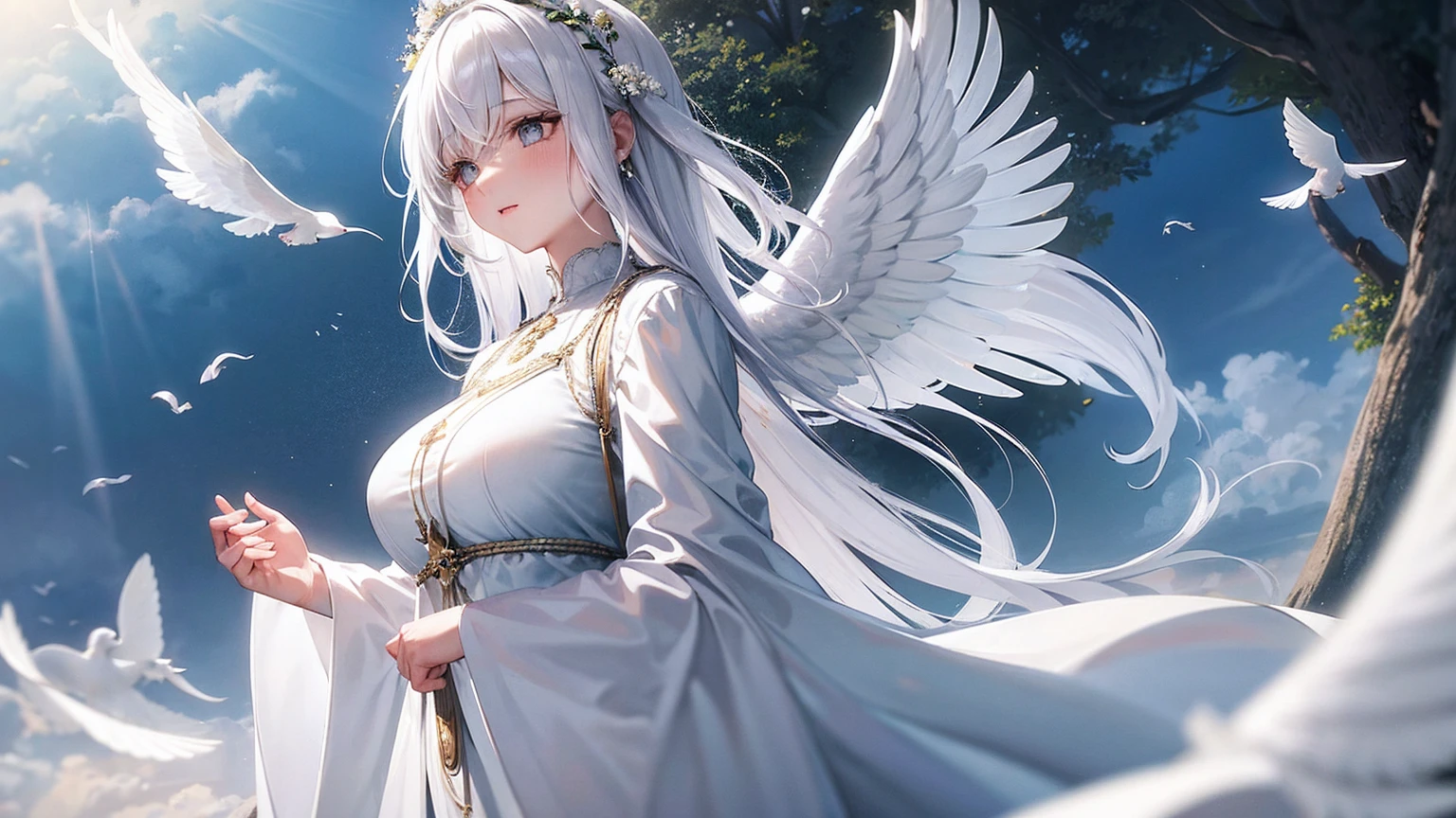 1 29 years old fully clothed beautiful angel mother with long white hairs and 2 beautifull white angelic wings, european face, praying, white clothes, large hips, big , white doves, doves in the background, serene and peaceful expression