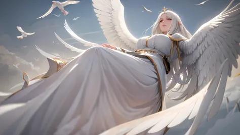 1 29 years old fully clothed beautiful angel mother with long white hairs and 2 beautifull white angelic wings, european face, p...