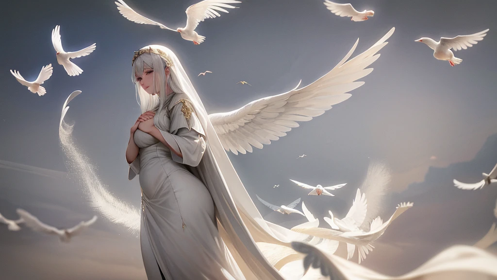 1 29 years old fully clothed beautiful angel mother with long white hairs and 2 beautifull white angelic wings, european face, praying, white clothes, large hips, big , white doves, doves in the background, serene and peaceful expression