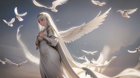 1 29 years old fully clothed beautiful angel mother with long white hairs and 2 beautifull white angelic wings, european face, p...