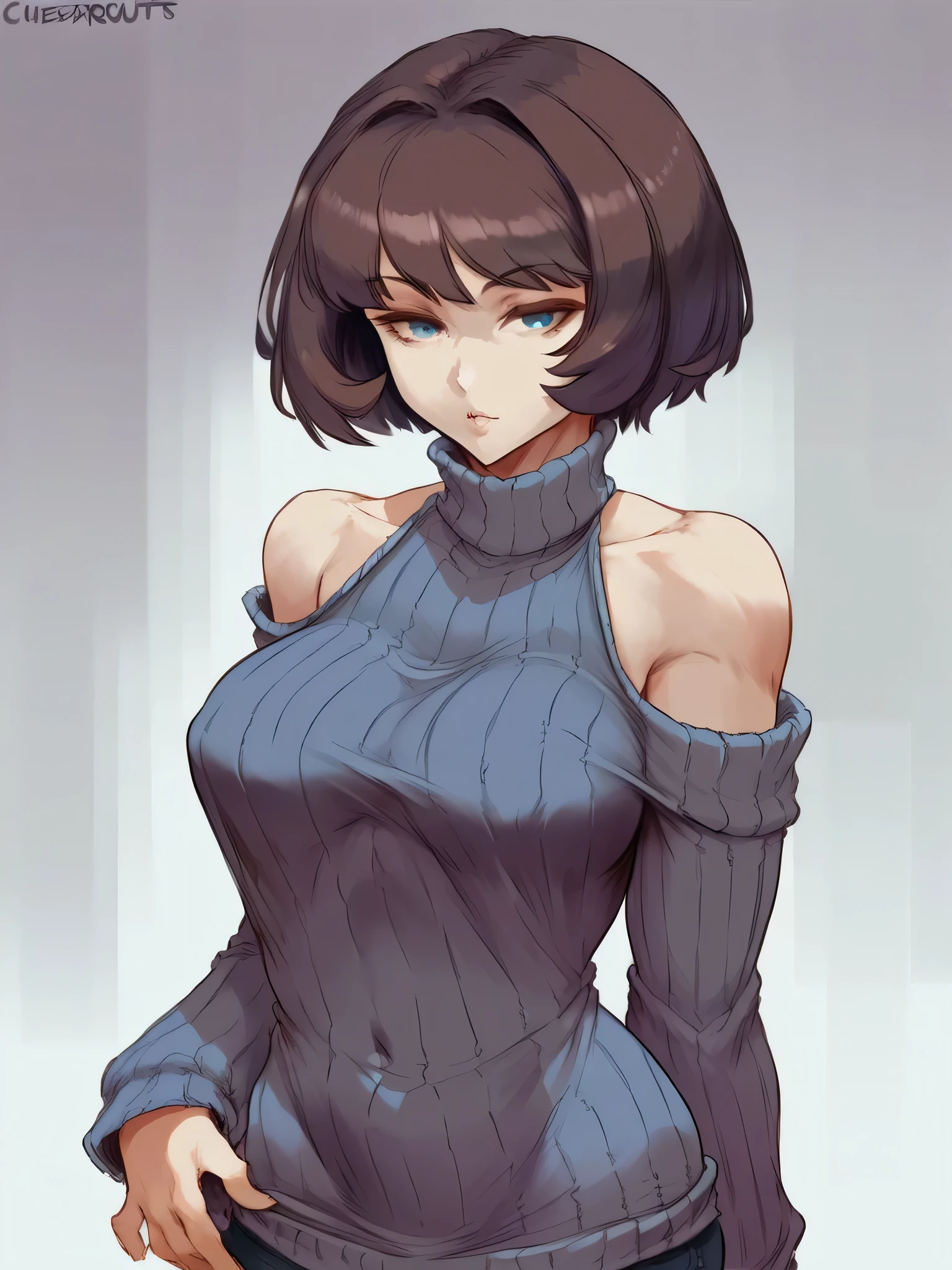 cutesexyrobutts style, solo, hair_over_one_eye, sweater, short_hair, 1girl, brown_hair, turtleneck, looking_at_viewer, black_sweater, parted_lips, bare_shoulders, turtleneck_sweater, off_shoulder, ribbed_sweater, blue_eyes, sleeves_past_wrists, grey_eyes, cowboy_shot
