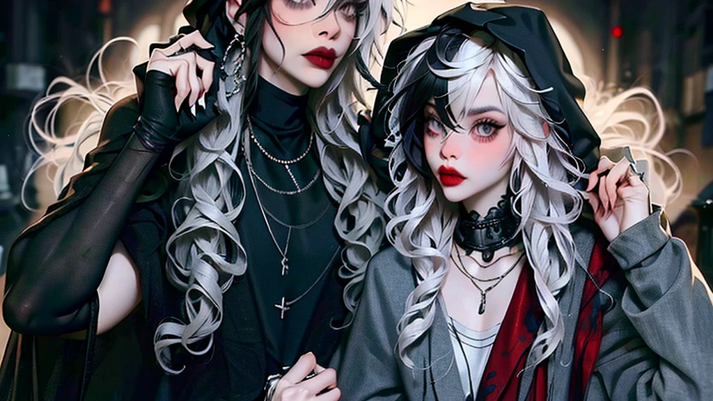 ((best quality)), ((masterpiece)), (detailed), 1girl, solo, beautiful, gothic, witch, gloomy, Asian woman, mature, black clothing, hooded black robe, modest clothing, hood up, goddess of death, blank expression, stoic expression, serious expression, split dye hair, multicolored hair, black and white hair, black dye on right side, white hair on left side, messy hair, bangs, black eyebrows, thick eyebrows, long eyelashes, grey eyes, dark circles under eyes, plump lips, red lipstick, red lips, no skin showing, skinny, pale skin, thin, sickly looking, looking at viewer, holding scythe, in graveyard, Wylona Hayashi, all black clothing, black hood, full body shot, cemetery background, standing, standing in a cemetery, holding scythe, windy, wind blowing, black long sleeves, black witch clothing, black religious clothing