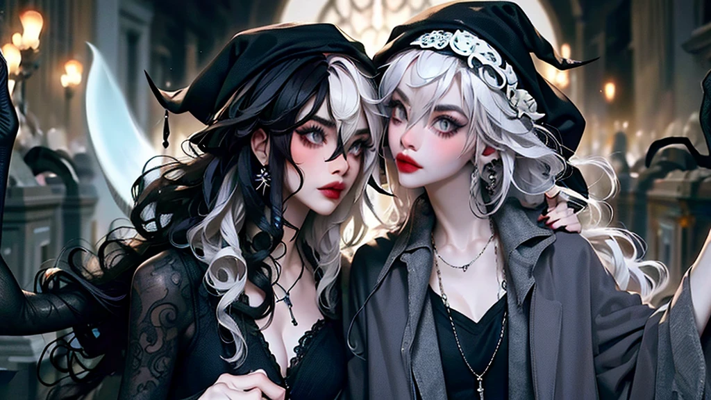 ((best quality)), ((masterpiece)), (detailed), 1girl, solo, beautiful, gothic, witch, gloomy, Asian woman, mature, black clothing, hooded black robe, modest clothing, hood up, goddess of death, blank expression, stoic expression, serious expression, split dye hair, multicolored hair, black and white hair, black dye on right side, white hair on left side, messy hair, bangs, black eyebrows, thick eyebrows, long eyelashes, grey eyes, dark circles under eyes, plump lips, red lipstick, red lips, no skin showing, skinny, pale skin, thin, sickly looking, looking at viewer, holding scythe, in graveyard, Wylona Hayashi, all black clothing, black hood, full body shot, cemetery background, standing, standing in a cemetery, holding scythe, windy, wind blowing, black long sleeves, black witch clothing, black religious clothing