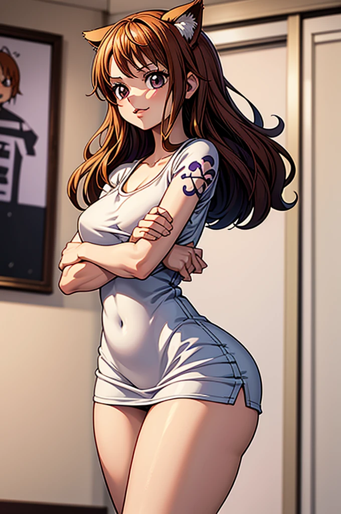 1 female, ONE PIECE STYLE, small kid dog girl, realistic lips oversized white t-shirt going all the way to the thighs, arms crossed propping up breast, hourglass figure, cat ears, in an apartment, sigh, light brown hair, purple eyes, laughing, best quality.