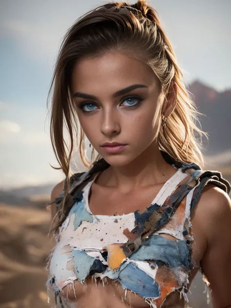 masterpiece, transition to desert landscape at sunset,  figure, Beautiful 15 year old American teenage girl appears in post-apoc...