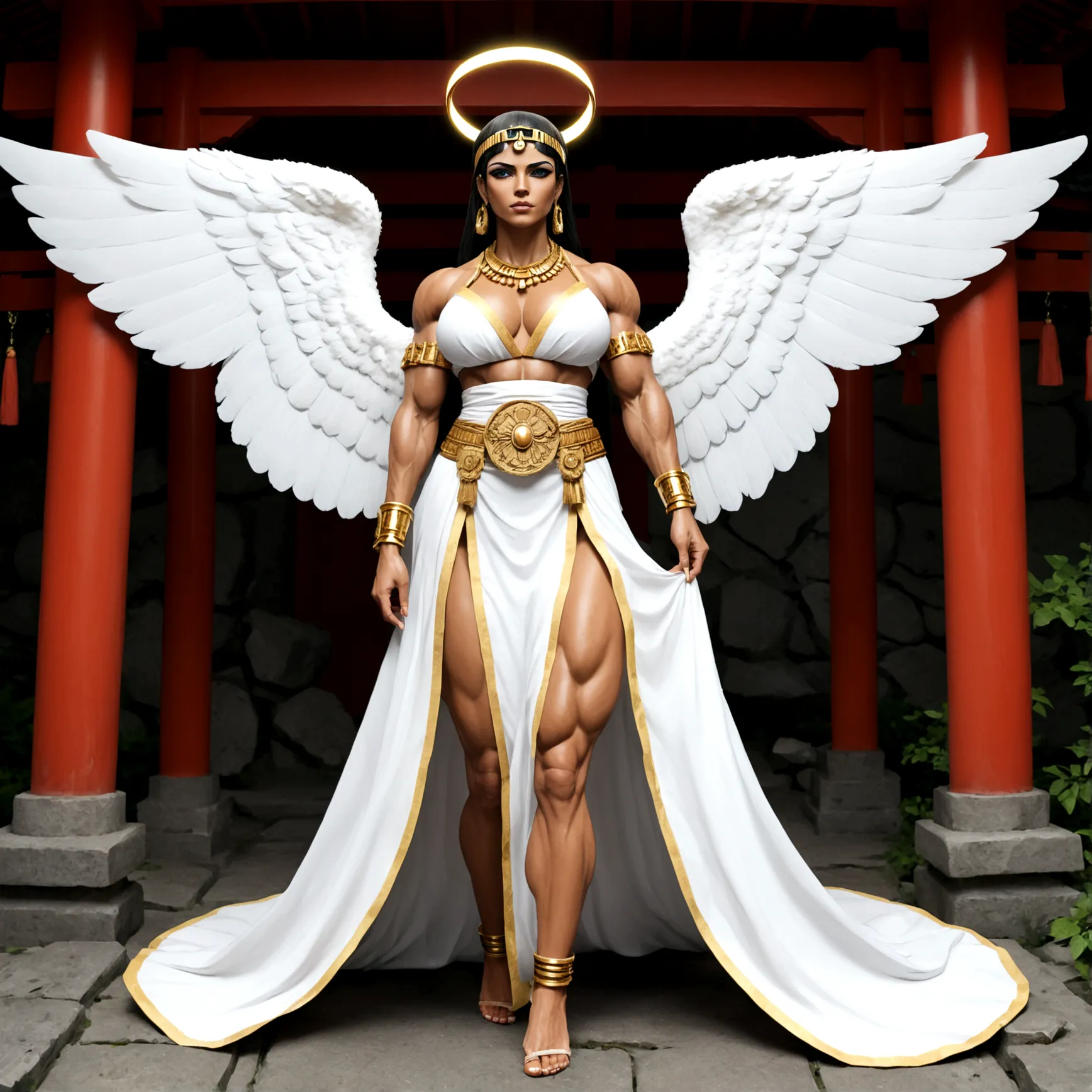 angel girl, big white wings, halo, shrine maiden outfit, cleopatra ponytail hair, extreme muscular body, full body.