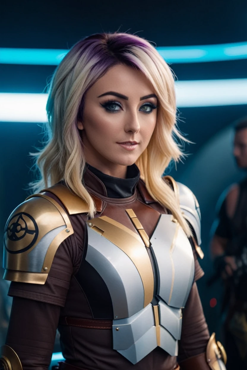 ein filmisches Foto, eine Fotografie einer blonden Jessica Nigri, die in einer Sternwarte Rüstung trägt. 35-mm-Foto, Film, bokeh, professionell, gedreht von David Lachapelle, 4k, sehr detailliert