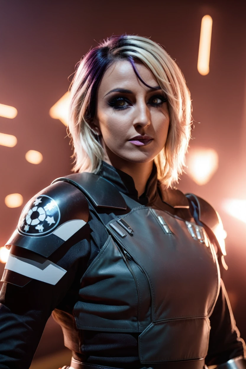 a photograph of a blonde Jessica Nigri cinematic photo sabine wren wearing armor at observatory. 35mm photograph, film, bokeh, professional, shot by david lachapelle, 4k, highly detailed
