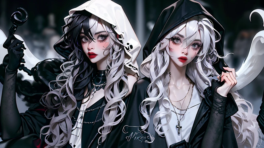 ((best quality)), ((masterpiece)), (detailed), 1girl, solo, beautiful, gothic, witch, gloomy, Asian woman, mature, black clothing, hooded black robe, modest clothing, hood up, goddess of death, blank expression, stoic expression, serious expression, split dye hair, multicolored hair, black and white hair, black dye on right side, white hair on left side, messy hair, bangs, black eyebrows, thick eyebrows, long eyelashes, grey eyes, dark circles under eyes, plump lips, red lipstick, red lips, no skin showing, skinny, pale skin, thin, sickly looking, looking at viewer, holding scythe, in graveyard, Wylona Hayashi, all black clothing, black hood, full body shot, cemetery background, standing, standing in a cemetery, holding scythe, windy, wind blowing, black long sleeves, black witch clothing, black religious clothing