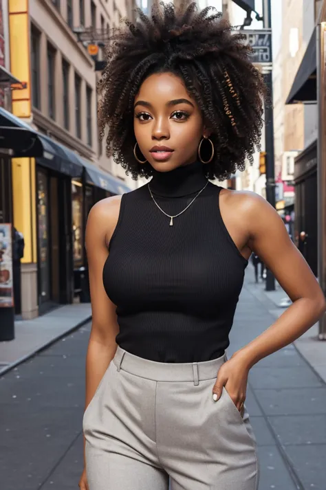 "Artwork, top quality, a beautiful 23-year-old Black woman with curly hair. She is wearing a detailed sleeveless turtleneck top,...