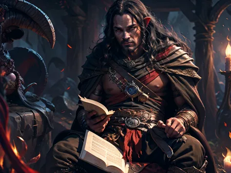 male red skinned tiefling savage sitting down trying to read a childrens book, long black hair, black horns, hell background, re...