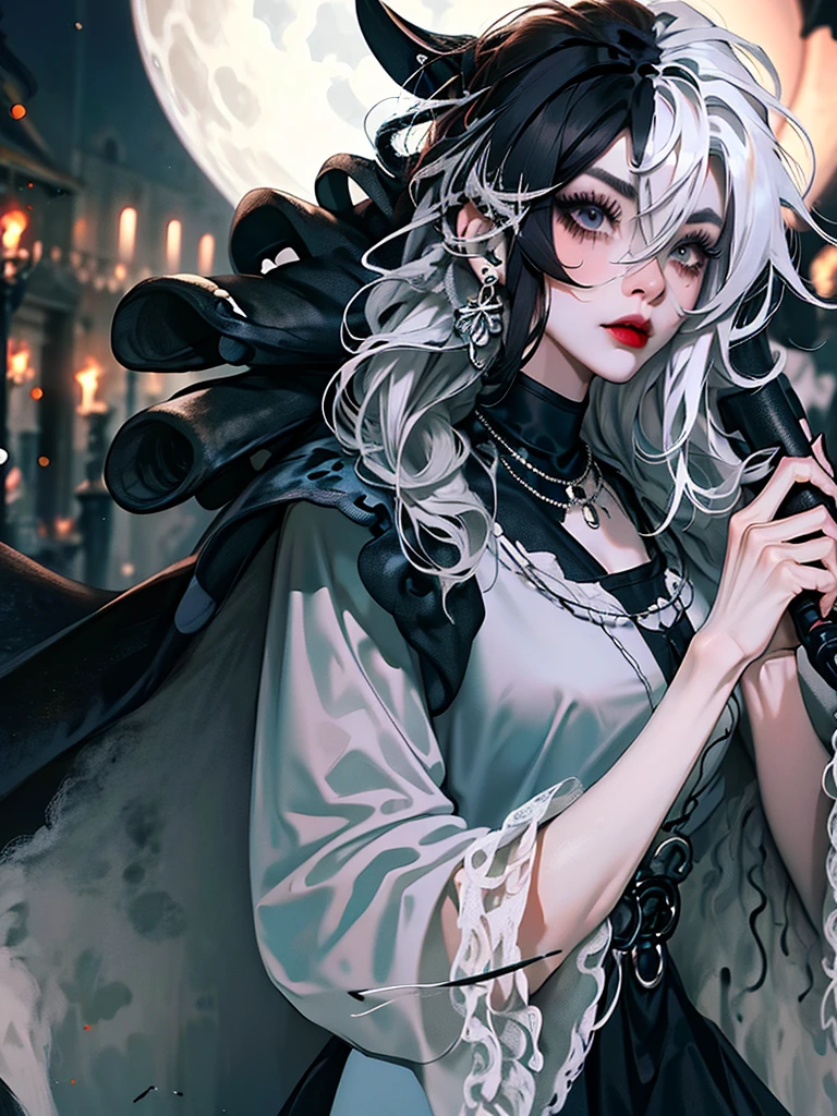 ((best quality)), ((masterpiece)), (detailed), 1girl, solo, beautiful, gothic, witch, gloomy, Asian woman, mature, black clothing, hooded black robe, modest clothing, hood up, goddess of death, blank expression, stoic expression, serious expression, split dye hair, multicolored hair, black and white hair, black dye on right side, white hair on left side, messy hair, bangs, black eyebrows, thick eyebrows, long eyelashes, grey eyes, dark circles under eyes, plump lips, red lipstick, red lips, no skin showing, skinny, pale skin, thin, sickly looking, looking at viewer, holding scythe, in graveyard, Wylona Hayashi, all black clothing, black hood, full body shot, cemetery background, standing, standing in a cemetery, holding scythe, windy, wind blowing, black long sleeves, black witch clothing, black religious clothing