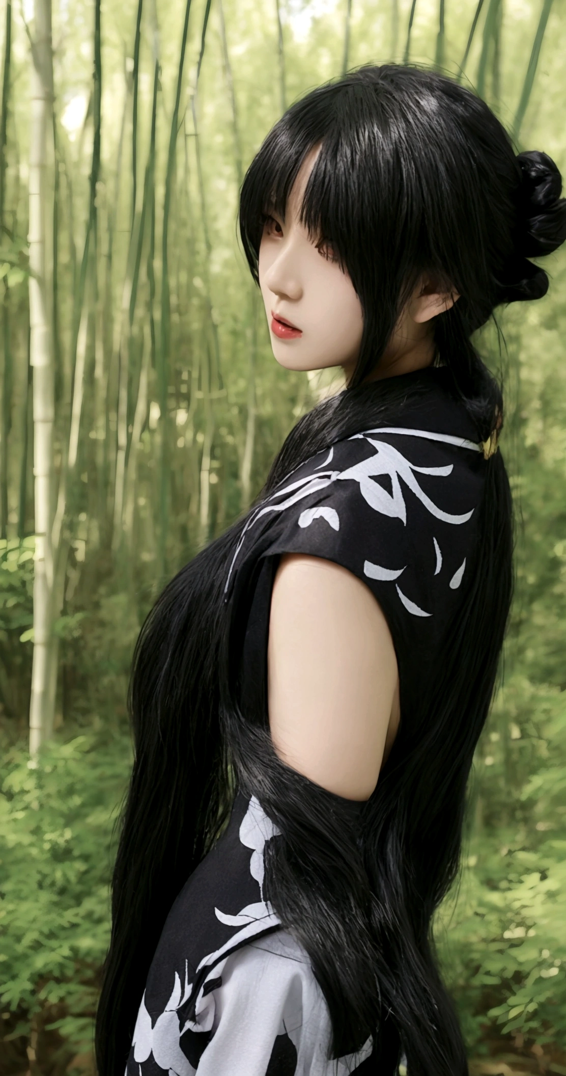 ltra-detailed,highly detailed,best quality,masterpiece,illustration,realistic,photorealistic,
tokisaki kurumi, 1girl, solo,
bare shoulders, chinese clothes, china dress, fur trim shawl,
hair over one eye, long hair, double bun, hair bun, bun cover,
looking at viewer, upper body,
outdoors,photo background,flower, bamboo forest, river,grass,path,
 