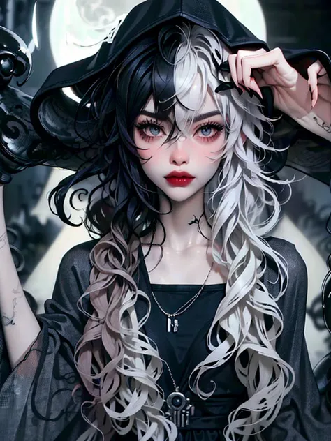 ((best quality)), ((masterpiece)), (detailed), 1girl, solo, beautiful, gothic, witch, gloomy, Asian woman, mature, black clothin...