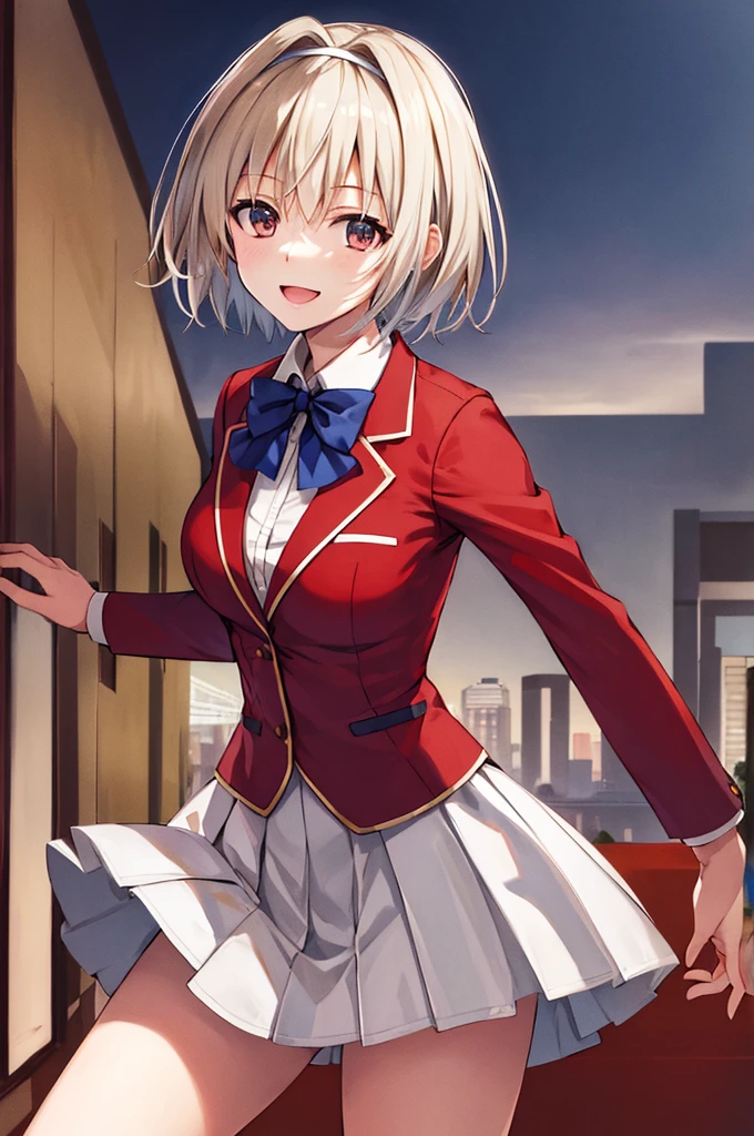 masterpiece, Highest quality, High resolution, Akiyo, short hair, Hair Intake, White hair band, Blue bow tie, Collared shirt, blazer, Red jacket, Long sleeve, White Skirt, Pleated skirt, Black socks, Cowboy Shot, Are standing, Outdoor, Straight, Arms at your sides, smile, Open your mouth,