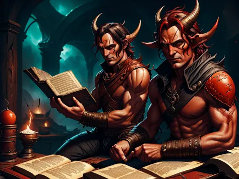 male red skinned tiefling savage sitting down trying to read a childrens book, long black hair, black horns, hell background, re...