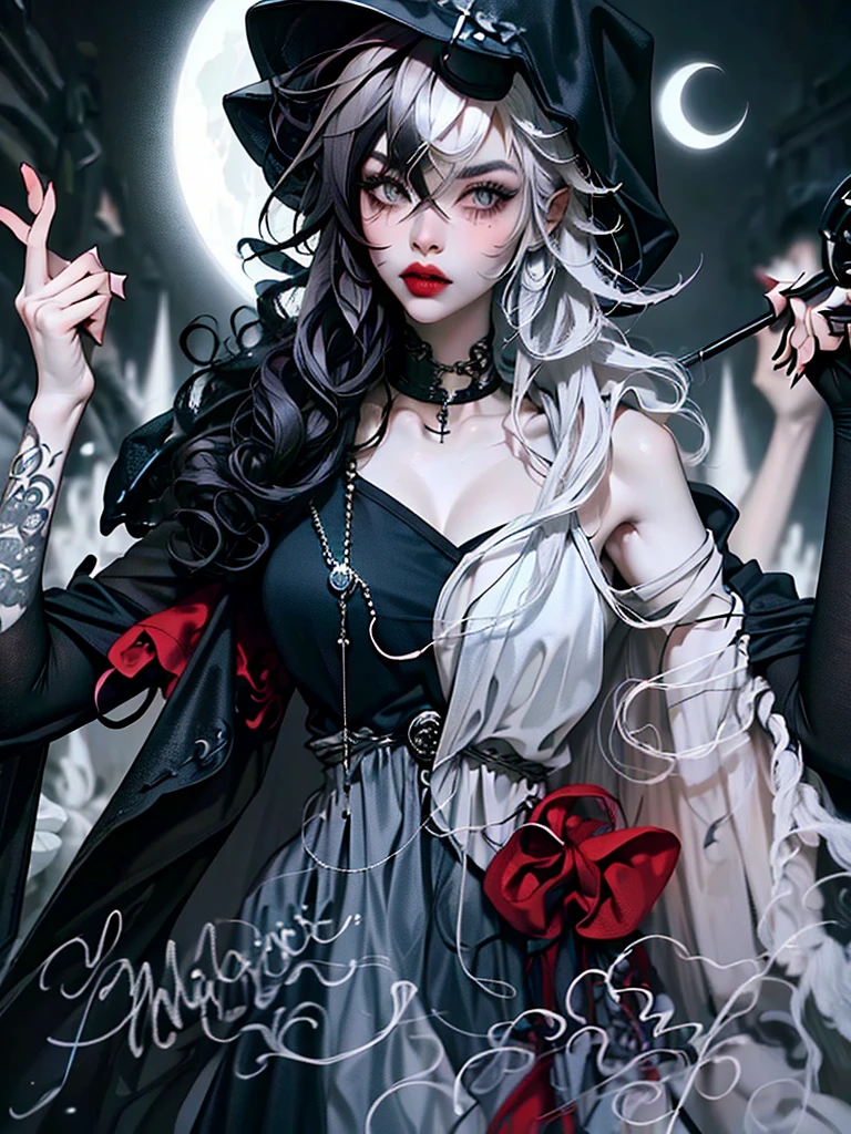 ((best quality)), ((masterpiece)), (detailed), 1girl, solo, beautiful, gothic, witch, gloomy, Asian woman, mature, black clothing, hooded black robe, modest clothing, hood up, goddess of death, blank expression, stoic expression, serious expression, split dye hair, multicolored hair, black and white hair, black dye on right side, white hair on left side, messy hair, bangs, black eyebrows, thick eyebrows, long eyelashes, grey eyes, dark circles under eyes, plump lips, red lipstick, red lips, no skin showing, skinny, pale skin, thin, sickly looking, looking at viewer, holding scythe, in graveyard, Wylona Hayashi, all black clothing, black hood, full body shot, cemetery background, standing, standing in a cemetery, holding scythe, windy, wind blowing, black long sleeves, black witch clothing, black religious clothing