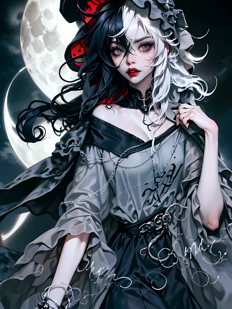 ((best quality)), ((masterpiece)), (detailed), 1girl, solo, beautiful, gothic, witch, gloomy, Asian woman, mature, black clothing, hooded black robe, modest clothing, hood up, goddess of death, blank expression, stoic expression, serious expression, split dye hair, multicolored hair, black and white hair, black dye on right side, white hair on left side, messy hair, bangs, black eyebrows, thick eyebrows, long eyelashes, grey eyes, dark circles under eyes, plump lips, red lipstick, red lips, no skin showing, skinny, pale skin, thin, sickly looking, looking at viewer, holding scythe, in graveyard, Wylona Hayashi, all black clothing, black hood, full body shot, cemetery background, standing, standing in a cemetery, holding scythe, windy, wind blowing, black long sleeves, black witch clothing, black religious clothing