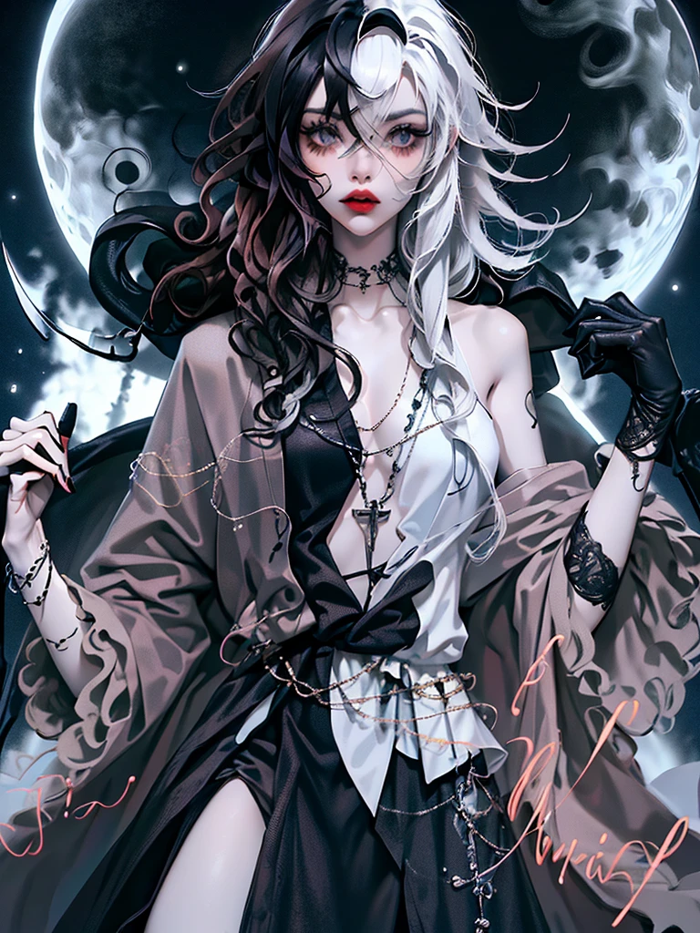 ((best quality)), ((masterpiece)), (detailed), 1girl, solo, beautiful, gothic, witch, gloomy, Asian woman, mature, black clothing, hooded black robe, modest clothing, hood up, goddess of death, blank expression, stoic expression, serious expression, split dye hair, multicolored hair, black and white hair, black dye on right side, white hair on left side, messy hair, bangs, black eyebrows, thick eyebrows, long eyelashes, grey eyes, dark circles under eyes, plump lips, red lipstick, red lips, no skin showing, skinny, pale skin, thin, sickly looking, looking at viewer, holding scythe, in graveyard, Wylona Hayashi, all black clothing, black hood, full body shot, cemetery background, standing, standing in a cemetery, holding scythe, windy, wind blowing, black long sleeves, black witch clothing, black religious clothing