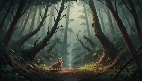 Create an image of ferocious animals inside an enchanted forest, but dark with fog, image in the Disney cartoon style, photograp...