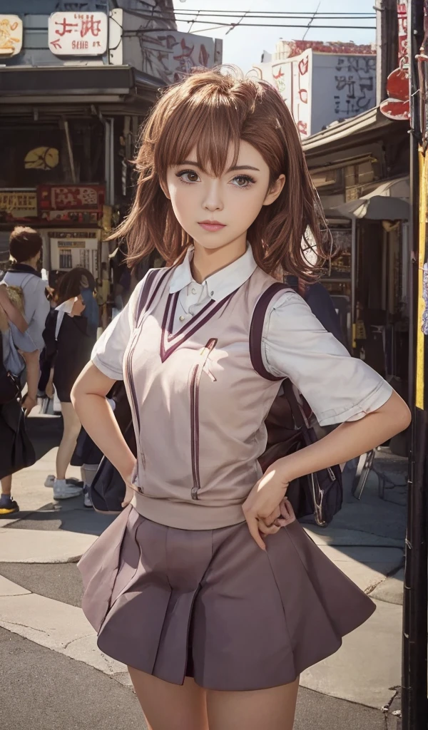 Anime-Mädchen steht auf einer Stadtstraße, Ganzkörperaufnahme,Schau direkt in die Kamera,Kantai-Kollektionsstil, Anime-Bild eines süßen Mädchens, Schienenkanone, Makoto shinka, schönes Anime-Highschool-Mädchen, Makoto shinkai. digital render, seifuku, Anime-Moe-Kunststil, Anime-Bild einer jungen Frau, sayori, eine hyperrealistische , Makoto，Mikoto ging hoch，mit kurzen goldenen Haaren，Kurzes Haar，JK 