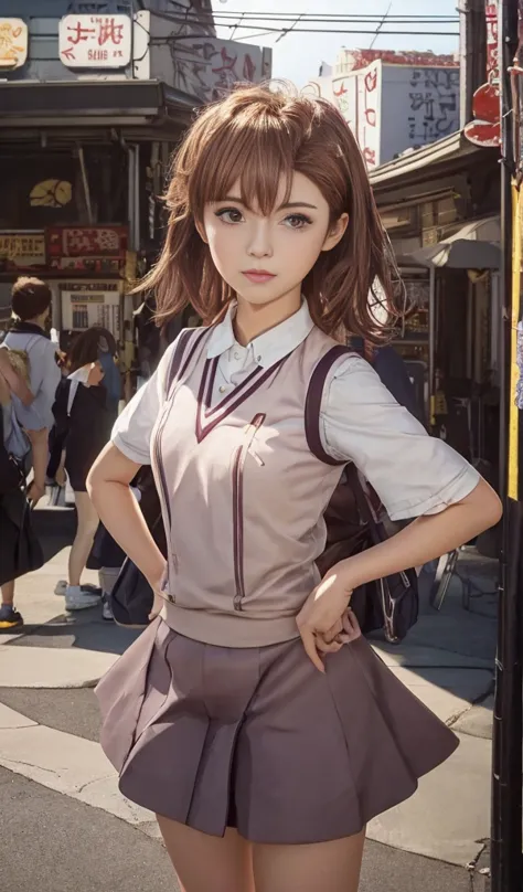 anime girl in  standing on a city street, full body shot,真っ直ぐカメラを見る,kantai collection style, anime visual of a cute girl, railgu...