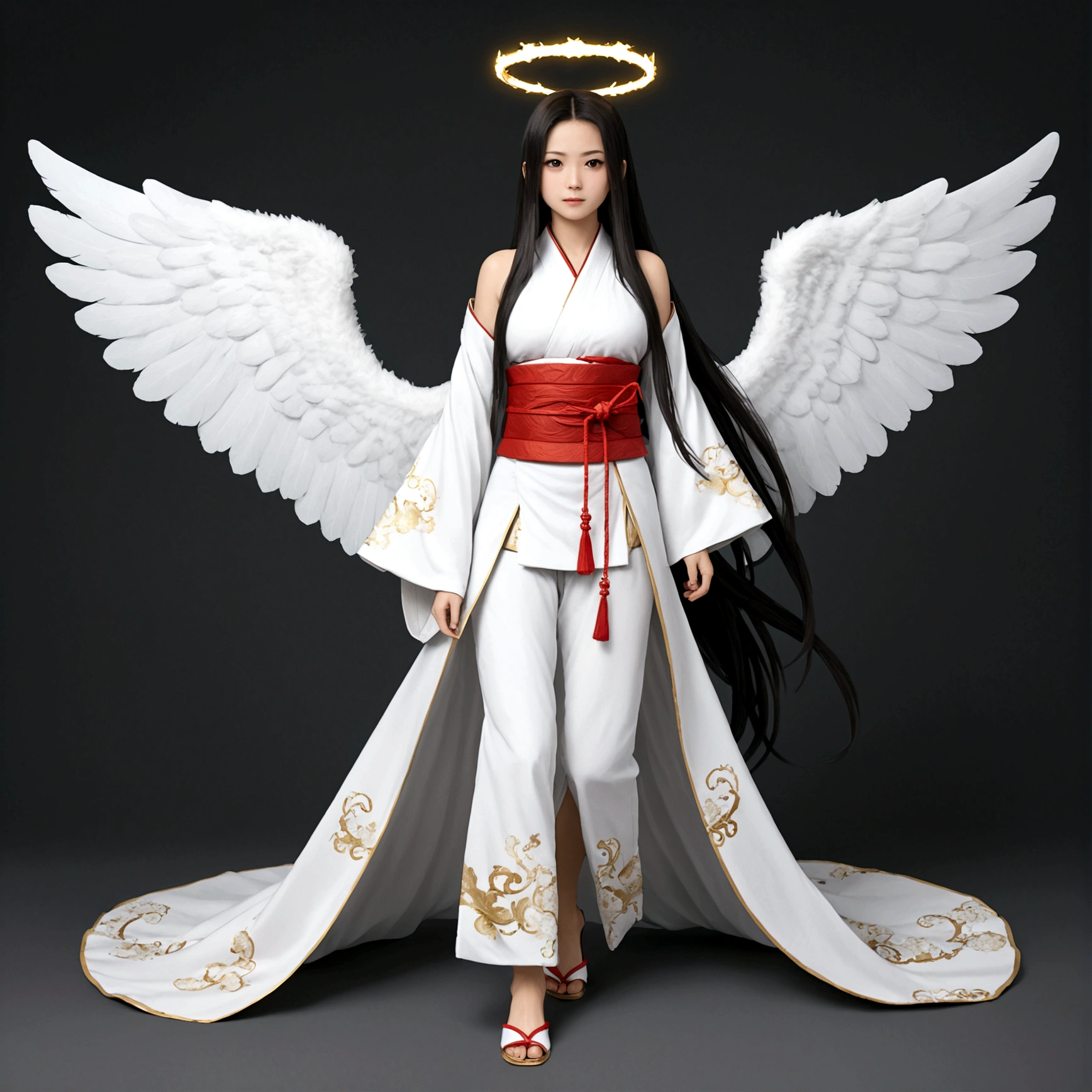 Angel girl, big white wings, halo, samurai outfit, long hair, full body.