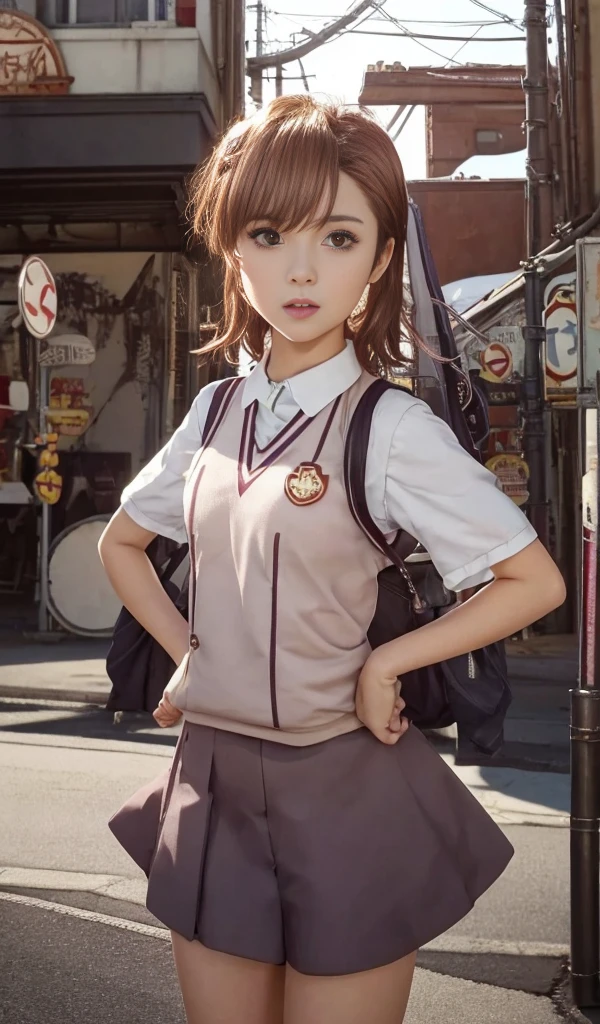 Chica anime de pie en una calle de la ciudad., tiro de cuerpo completo,mira directamente a la cámara,Estilo de la colección Kantai, anime visual de una linda chica, railgun, makoto shinka, hermosa chica de secundaria anime, Makoto Shinkai. renderizado digital, Seifuku, Estilo artístico del anime Moe, visual anime de una mujer joven, sayori, un hiperrealista , makoto，Mikoto subió，con el pelo corto y dorado，cabello corto，JK Ojos lindos y hermosos detallados.、equilibrio ocular