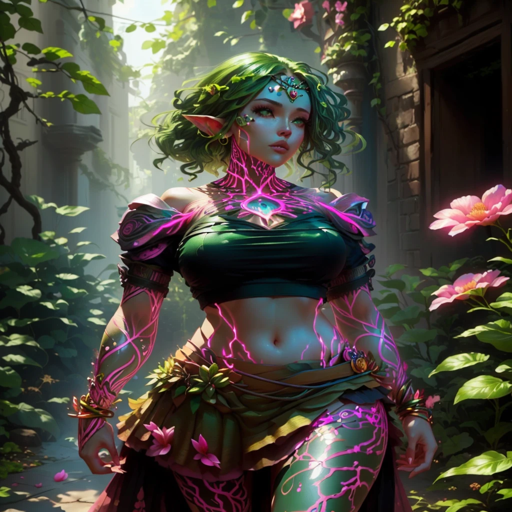 A woman with a pink petal crop top and short skirt, And pink petal bracelets on her wrists and ankles, She has green vines merged with her skin (Green Energy Veins), Alraune, Fantasy Plant species.