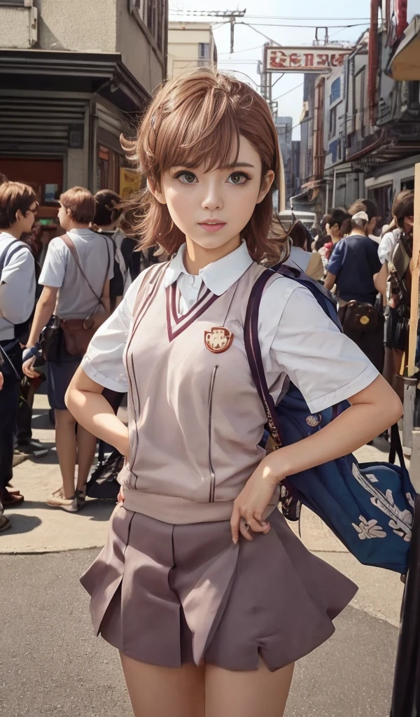 garota de anime em pé em uma rua da cidade, tiro de corpo inteiro,Olhe diretamente para a câmera,Estilo de coleção Kantai, anime visual of a bonitinho girl, canhão elétrico, makoto shinka, linda garota do ensino médio de anime, makoto shinkai. renderização digital, seifuku, estilo de arte anime moe, visual de anime de uma jovem, Sayori, um hiperrealista , makoto，Mikoto subiu，com cabelo dourado curto，cabelo curto，JK Detailed bonitinho and beautiful eyes、Equilíbrio ocular、bonitinho:1.3