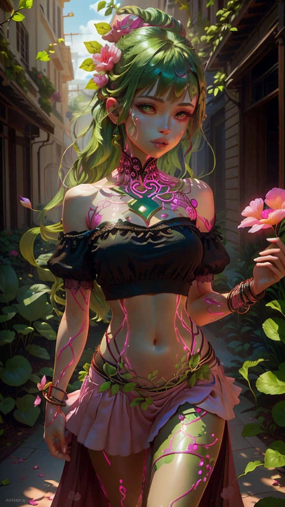 A woman with a pink petal crop top and short skirt, And pink petal bracelets on her wrists and ankles, She has green vines merged with her skin (Green Energy Veins), Alraune, Fantasy Plant species.