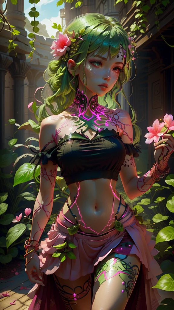 A woman with a pink petal crop top and short skirt, And pink petal bracelets on her wrists and ankles, She has green vines merged with her skin (Green Energy Veins), Alraune, Fantasy Plant species.