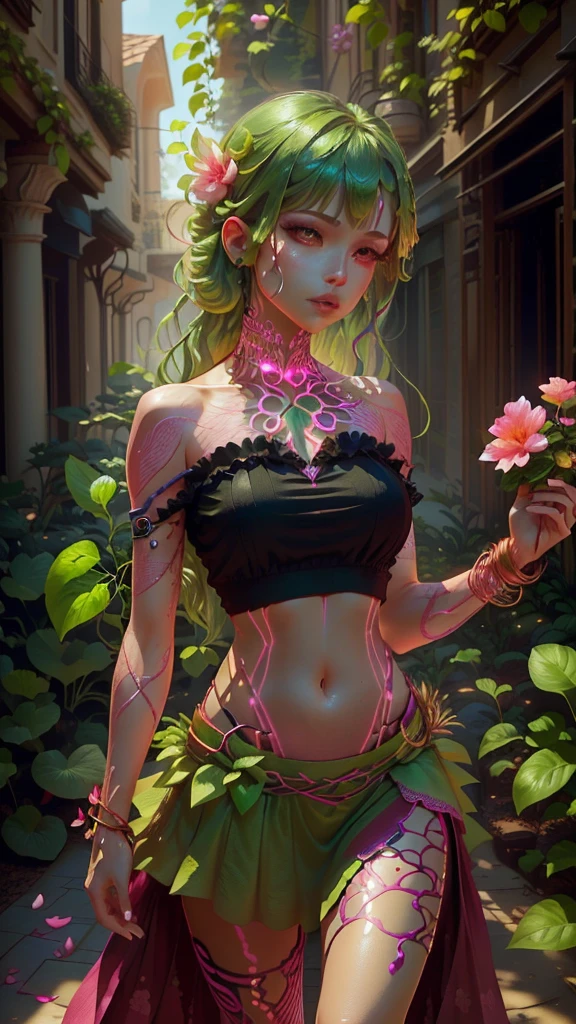 Une femme avec un crop top à pétales roses et une jupe courte, Et des bracelets de pétales roses aux poignets et aux chevilles, Elle a des vignes vertes fusionnées avec sa peau (Veines d’énergie verte), Mandragore, Espèces végétales fantastiques.