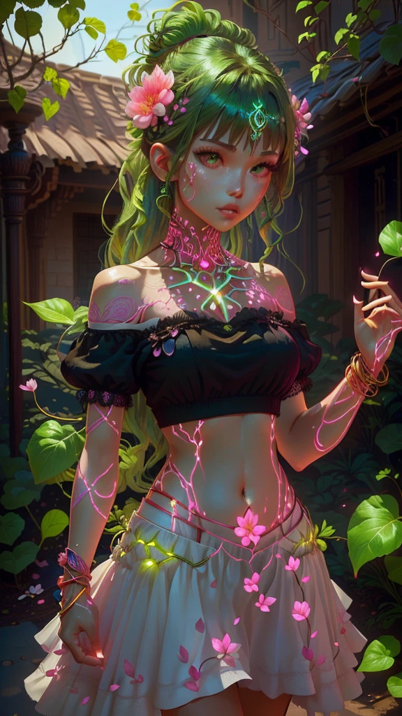 Une femme avec un crop top à pétales roses et une jupe courte, Et des bracelets de pétales roses aux poignets et aux chevilles, Elle a des vignes vertes fusionnées avec sa peau (Veines d’énergie verte), Mandragore, Espèces végétales fantastiques.