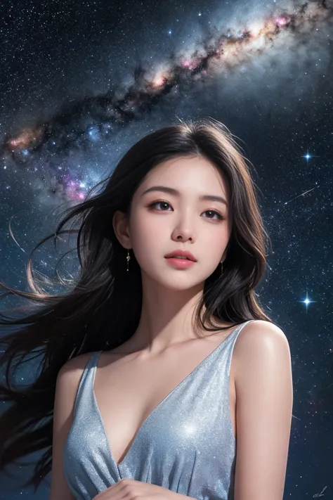 high detail, super detail, ultra-high resolution, girl enjoying time in fantasy galaxy, surrounded by stars, the warm light shin...