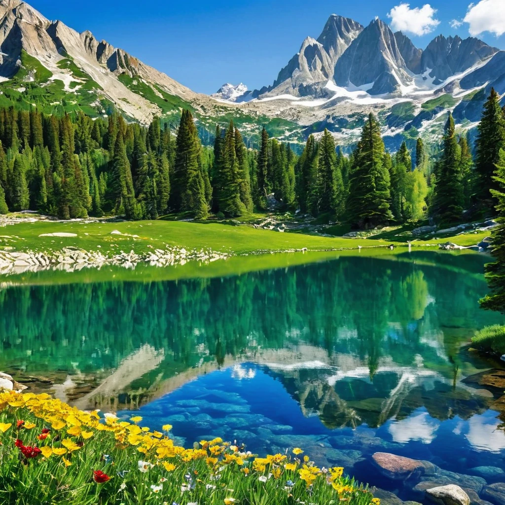 Craft a scene in the heart of the mountains. Capture a pristine alpine lake nestled among towering peaks. Ensure the water mirrors the grandeur of the mountains, reflecting their snowy summits and colorful wildflowers.