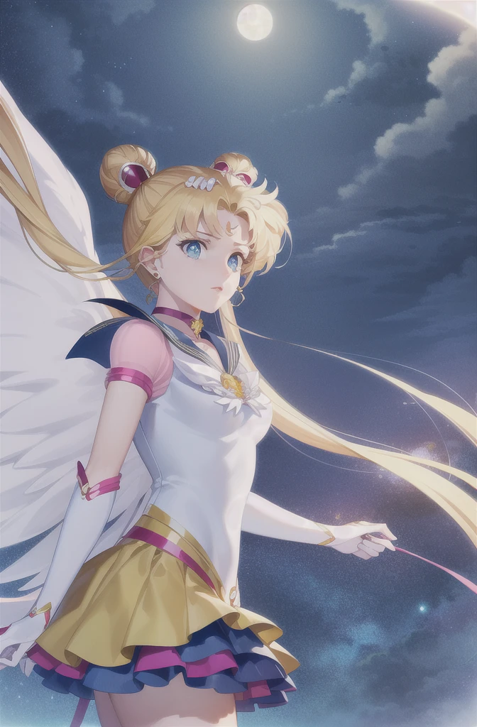 Realistic, (Surreal:1.2), (Highly detailed CG Unity 8k wallpaper), (Super detailed), masterpiece, Highest quality, One girl, Eternal Sailor Moon, moonlight,  Night Sky, wing, Cowboy Shot