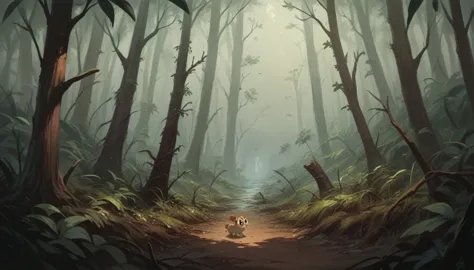 Create an image of Tobias (the puppy) with MIA (kitten) walking into an enchanted forest, but dark with fog, with their backs to...