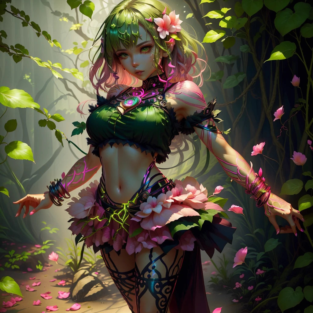 A woman with a pink petal crop top and short skirt, And pink petal bracelets on her wrists and ankles, She has green vines merged with her skin (Green Energy Veins), Alraune, Fantasy Plant species.