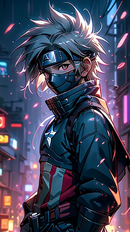 (8k),(masterpiece),(Japanese),(8-year-old boy),((innocent look)),((Childish)),From the front,smile,cute,Innocent,Kind eyes,Flat chest,  Kakashi Hatake wearing Captain America Costume,Short,Hair blowing in the wind,Silver Hair,Strong wind,night,dark, Neon light cyberpunk Konoha village