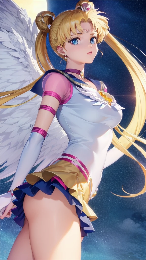 Realistisch, (surreal:1.2), (Hochdetailliertes CG Unity 8K-Hintergrundbild), (Super detailliert), Meisterwerk, höchste Qualität, ein Mädchen, ewiger Sailor Moon, Mondlicht,  Nachthimmel, Flügel, Cowboy-Schuss