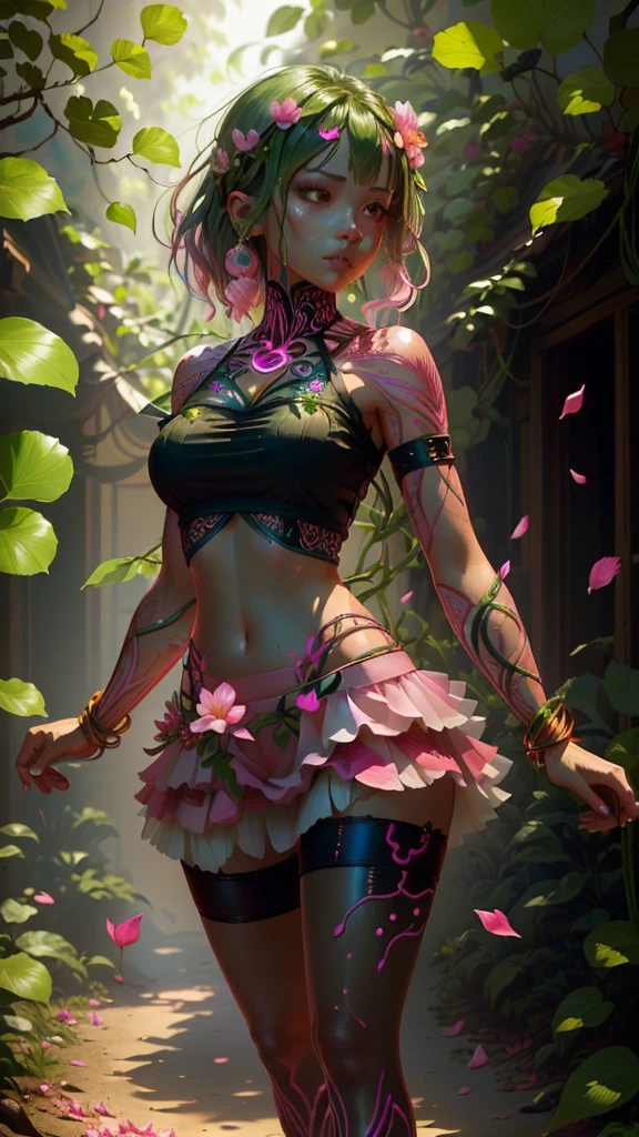 ピンクの花びらのクロップトップと短いスカートを着た女性, 手首と足首にはピンクの花びらのブレスレット, 彼女の皮膚には緑の蔓が生えている (グリーンエネルギー鉱脈), マンドレイク, ファンタジー植物種.