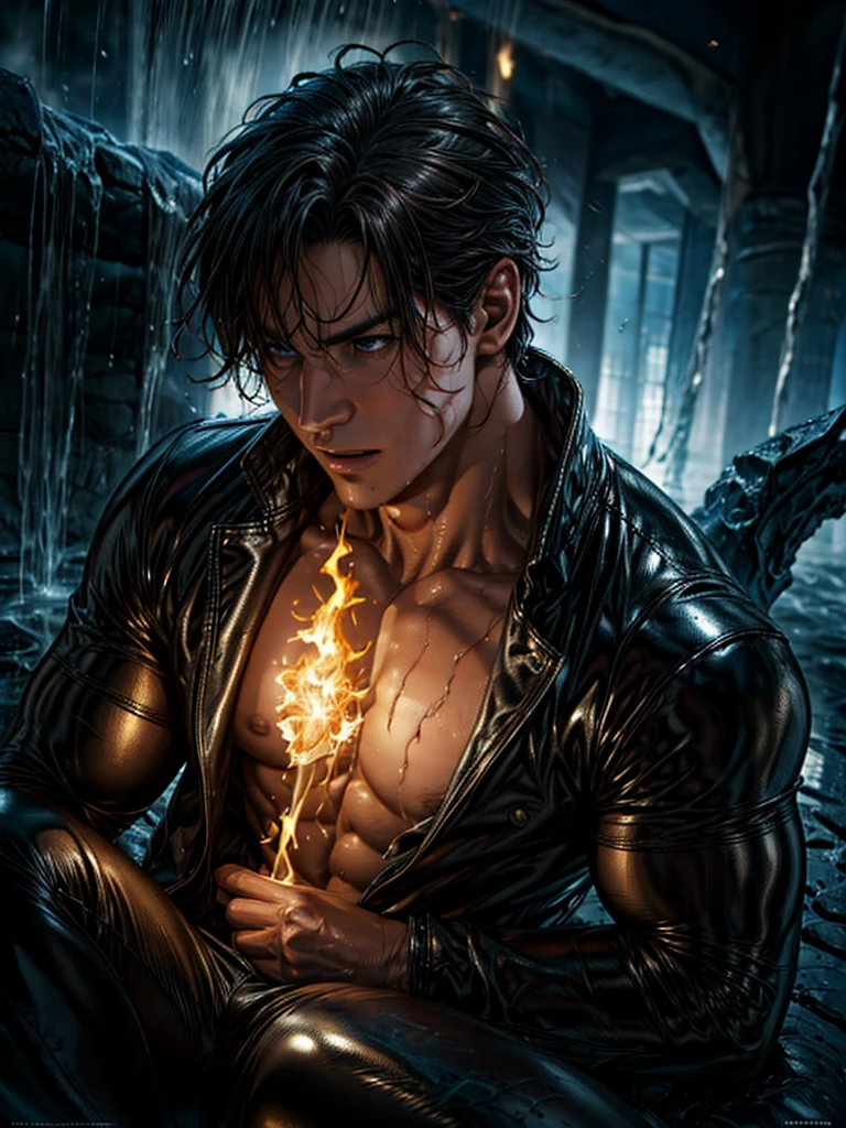 a detailed muscular male figure emerging from a swirling black muddy pool, (best quality,8k,highres,masterpiece:1.2),ultra-detailed,(realistic,photorealistic,photo-realistic:1.37),chiaroscuro lighting, dynamic pose, wet dripping skin, fiery energy, smoky atmosphere, sparks and metallic shards flying, volumetric lighting, viking inspired, marvel ghost rider