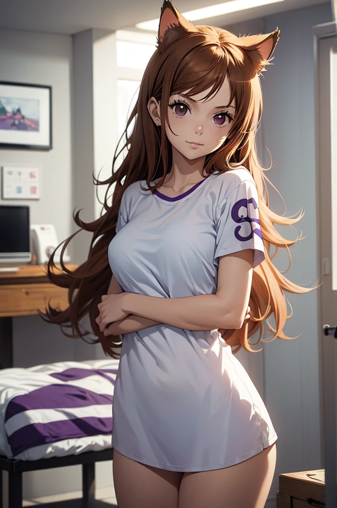 1 female, ONE PIECE STYLE, small kid dog girl, realistic lips oversized white t-shirt going all the way to the thighs, arms crossed propping up breast, hourglass figure, cat ears, in an apartment, sigh, light brown hair, purple eyes, laughing, best quality.