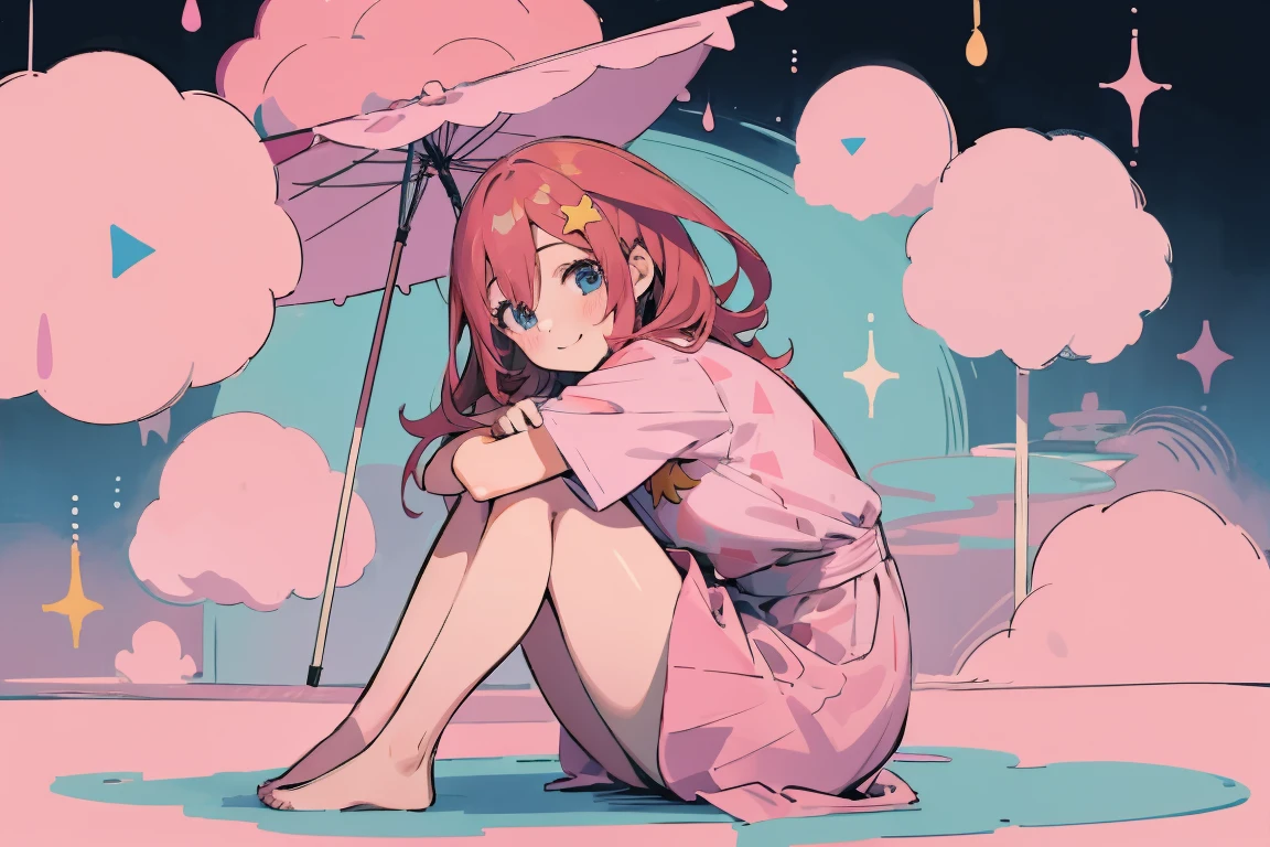 ((best quality)), ((masterpiece)), (detailed), perfect face, 1girl, nakano itsuki, smiling, whimsical, triad color pallette, hugging knees, looking at viewer, pink water droplets, smiling, flat colouring, full body, blank space on the left, fluffy red hair, star hairclips